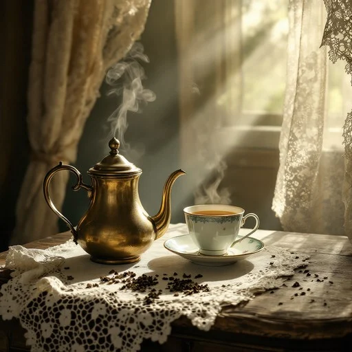 Vintage teapot and cup on lace-covered table with sunlight streaming.