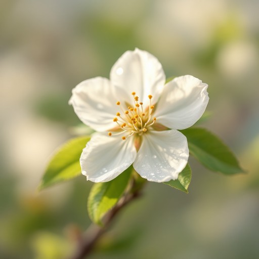 Close-up of a delicate white flower in bloom on a branch.
