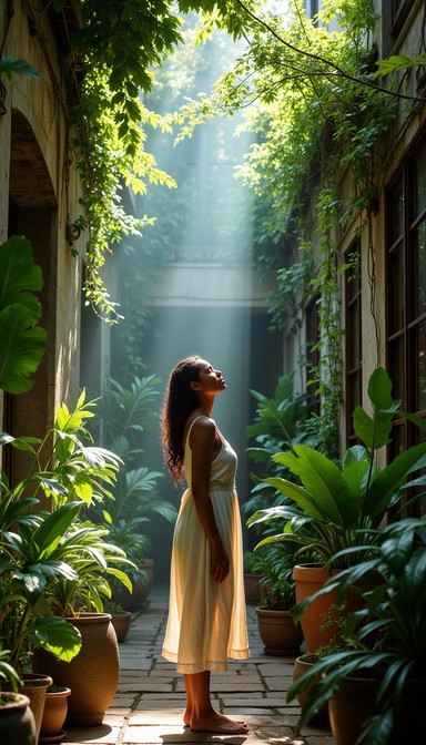 A woman bathed in sunlight stands amidst lush greenery in a serene garden.