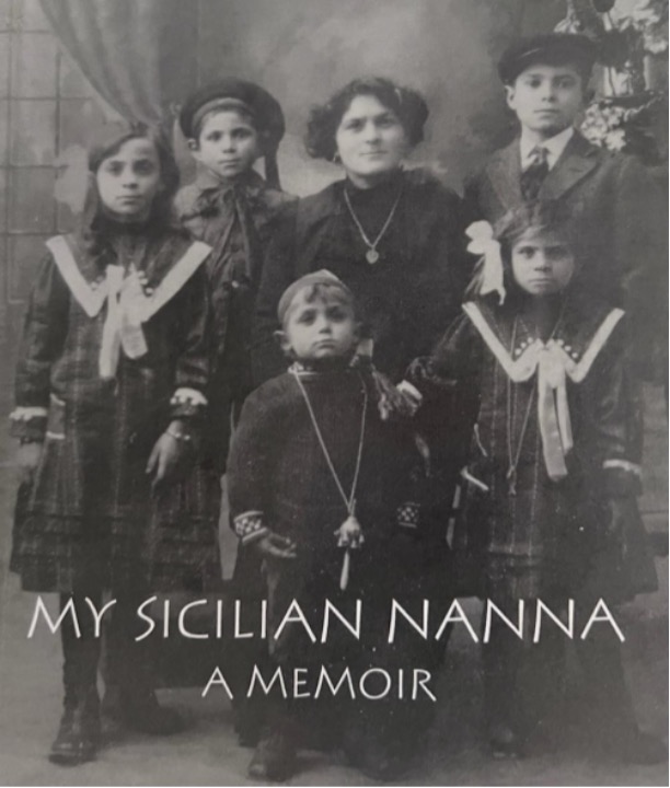 Vintage family portrait titled 'My Sicilian Nanna: A Memoir'.
