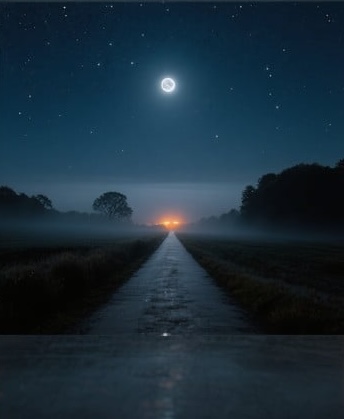 A misty road under a bright full moon with distant car lights.