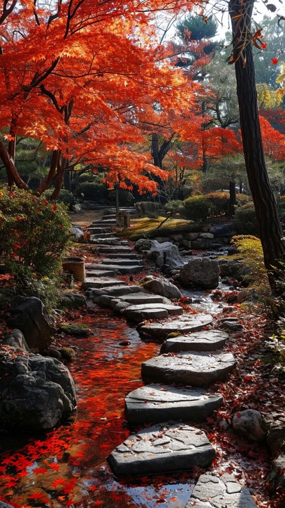 A serene garden path with vibrant red autumn leaves and stepping stones.