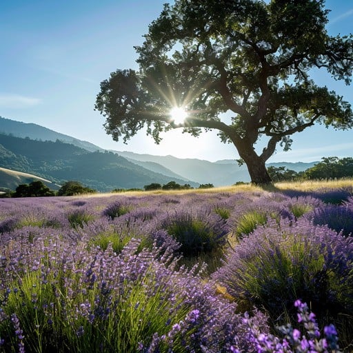A tree stands alone in a blooming lavender field under sunlight.