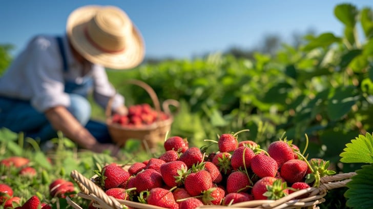Fresh strawberries in baskets on a sunny farm, with a farmer harvesting in the background.