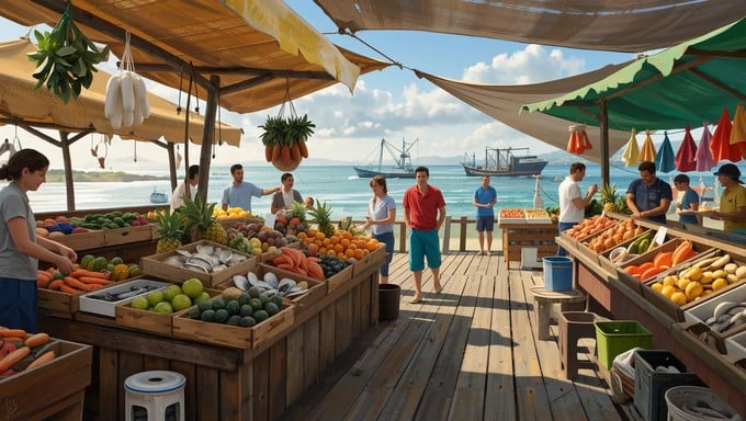 A vibrant outdoor market by the waterfront with fresh fruits and vegetables.