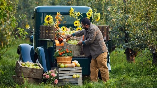 A man arranges sunflowers and pumpkins outdoors near a blue truck.