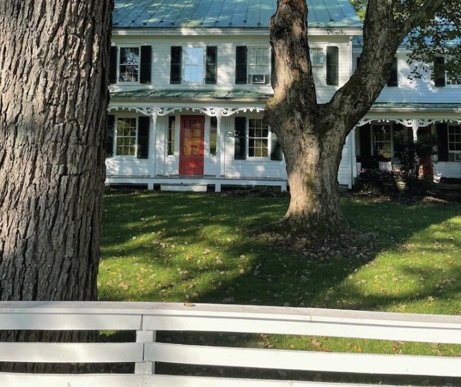 White bench in front of a classic white house with red door and large trees.