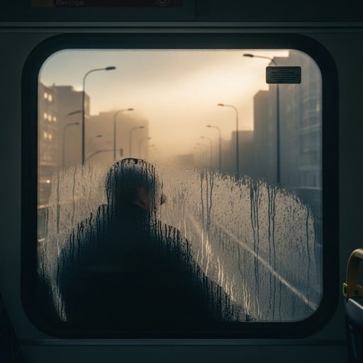 Silhouette of a person looking out a foggy train window at city buildings.