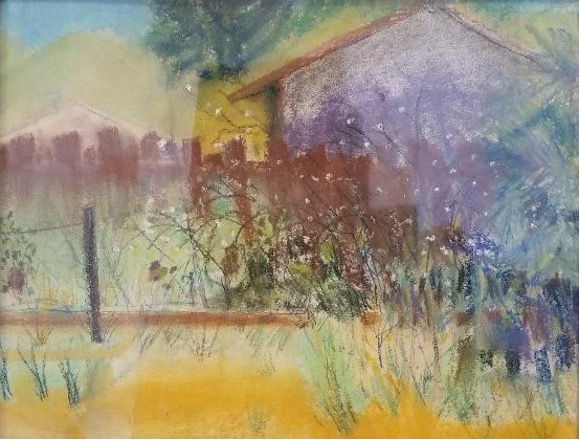 Colorful landscape with houses and foliage.