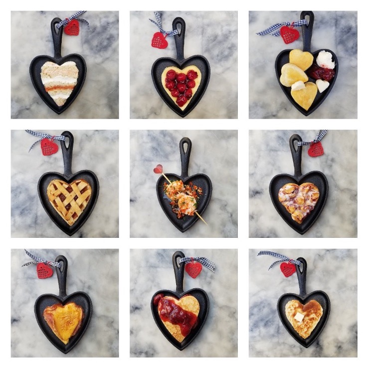 Heart-shaped pans with various baked treats.