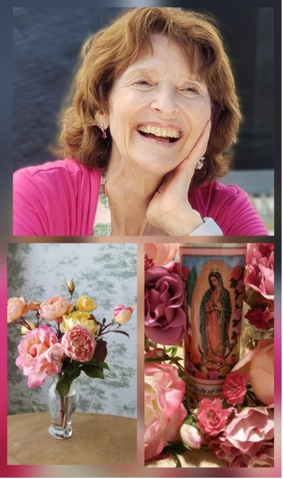 Smiling woman, flowers, and religious candle.